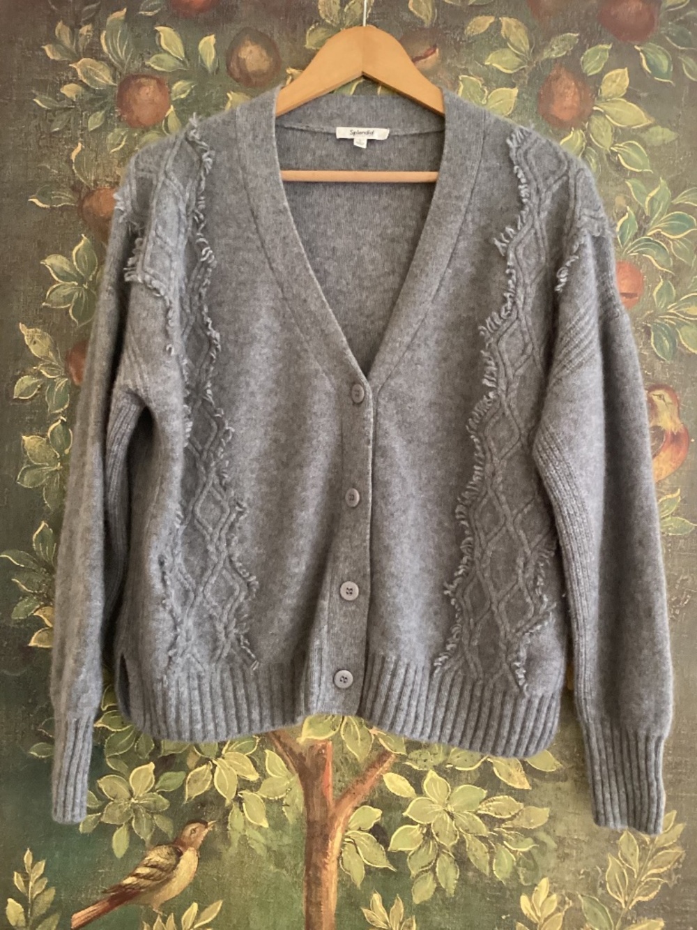 Splendid Light Gray 100%Cashmere Button Cardigan Cable Knit Fringe Front Detail